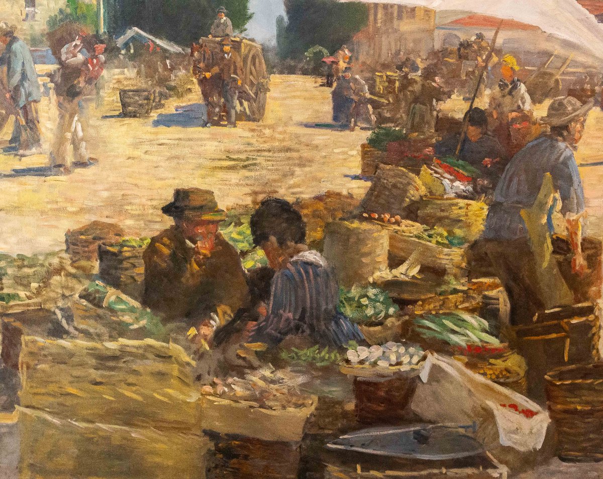 Pugliese Levi Clemente, « Mercato di Porta Palazzo » - Turin, huile sur toile, signée, 1920-photo-4