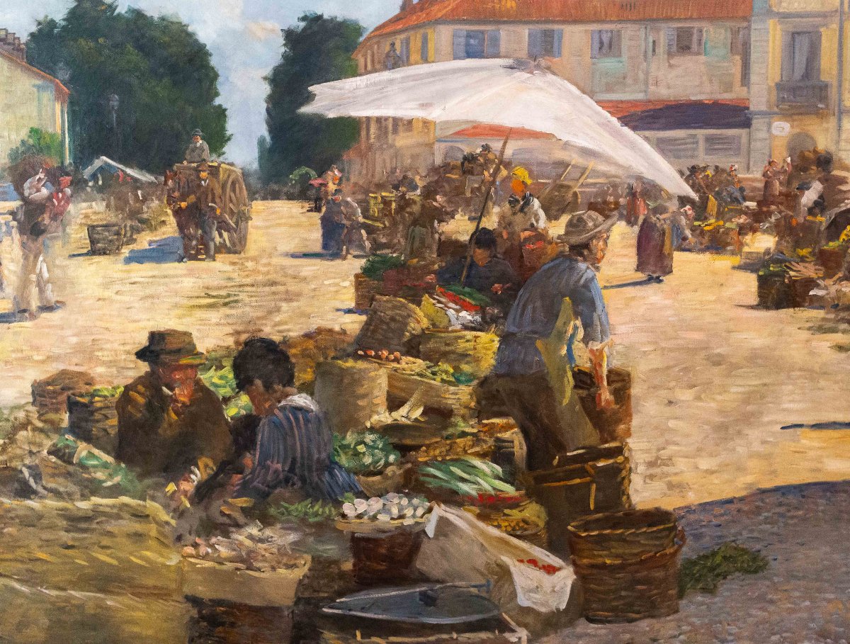 Pugliese Levi Clemente, « Mercato di Porta Palazzo » - Turin, huile sur toile, signée, 1920-photo-5