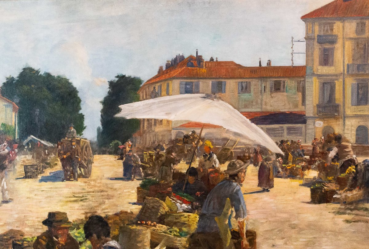 Pugliese Levi Clemente, « Mercato di Porta Palazzo » - Turin, huile sur toile, signée, 1920-photo-6