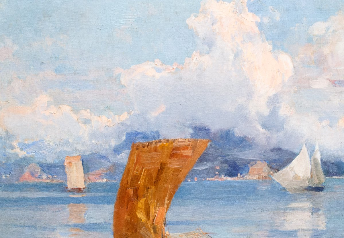 Paolo Sala, « Marina Ligure », huile sur toile, signée, Début du 20e siècle-photo-4
