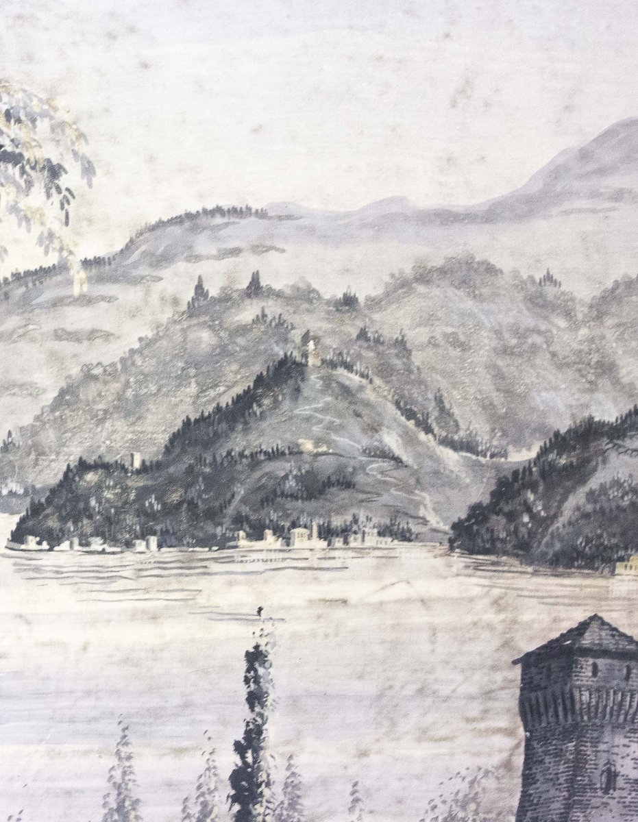 Vue de paysage ancien, détrempe sur papier, début du XIXe siècle-photo-3