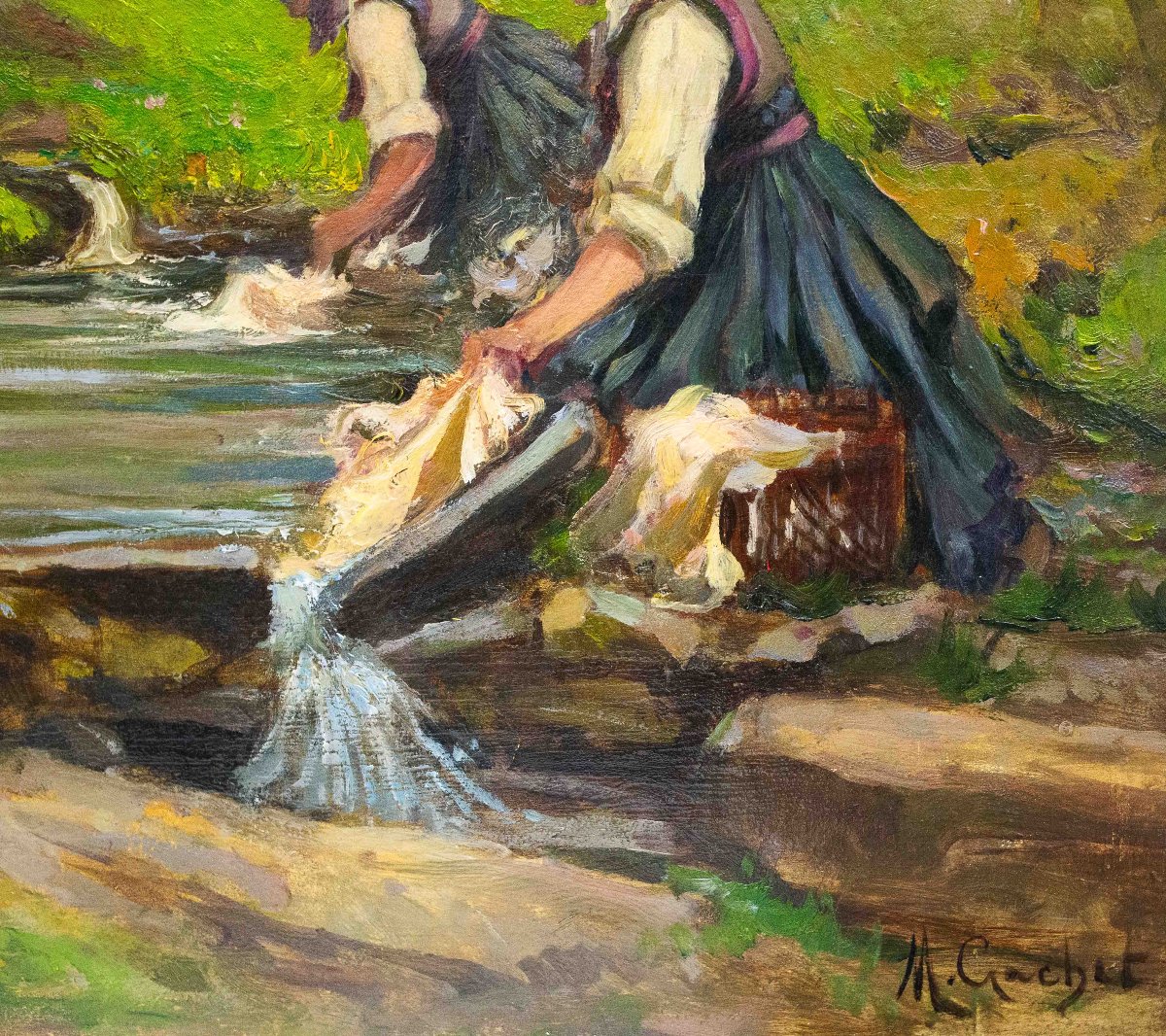 Mario Gachet, "washerwomen," Oil On Panel, Signed, 20th C. Epoch.-photo-3