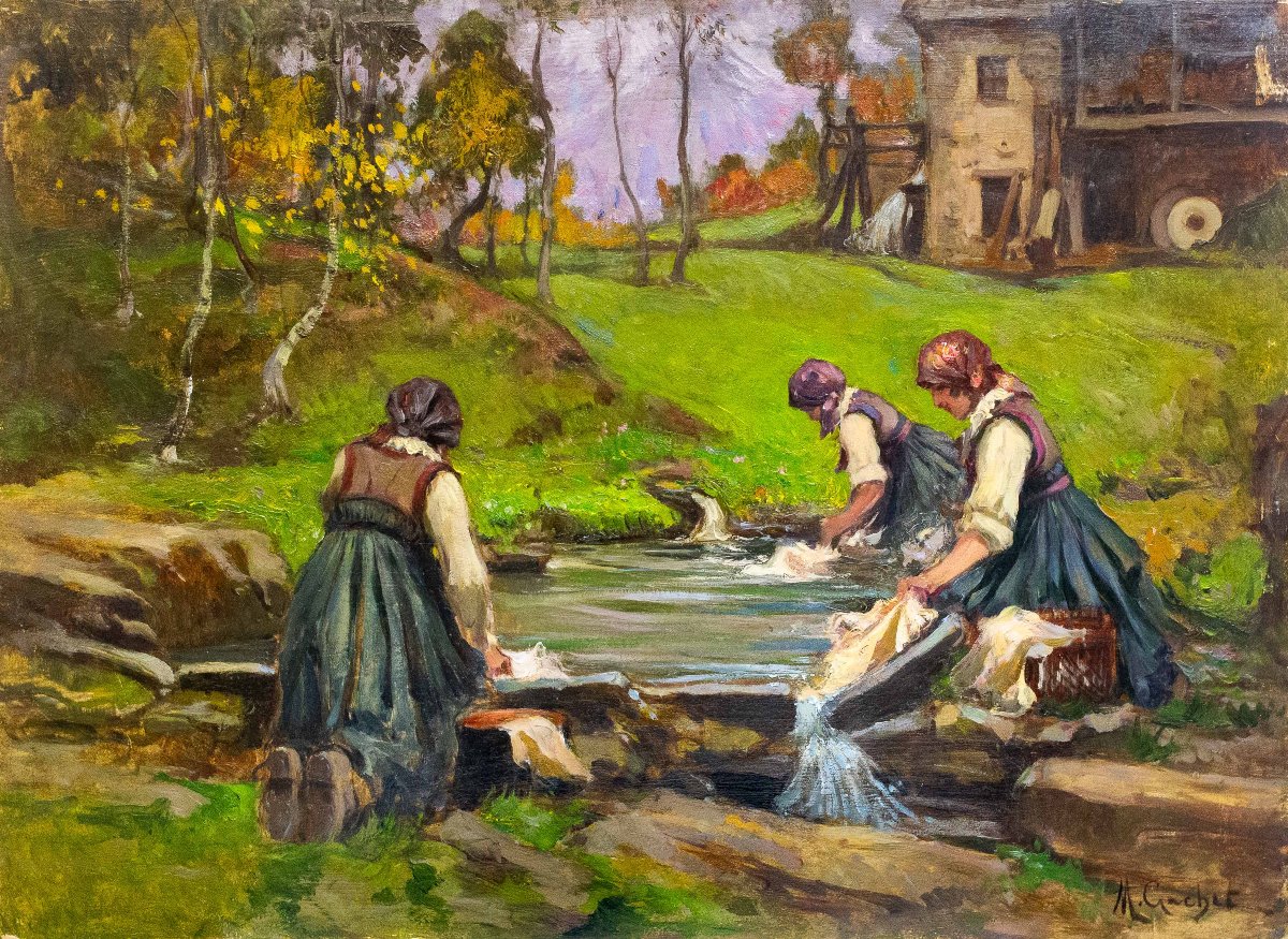 Mario Gachet, "washerwomen," Oil On Panel, Signed, 20th C. Epoch.-photo-1
