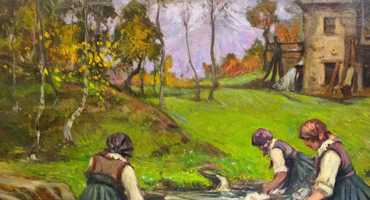 Mario Gachet, "washerwomen," Oil On Panel, Signed, 20th C. Epoch.-photo-4