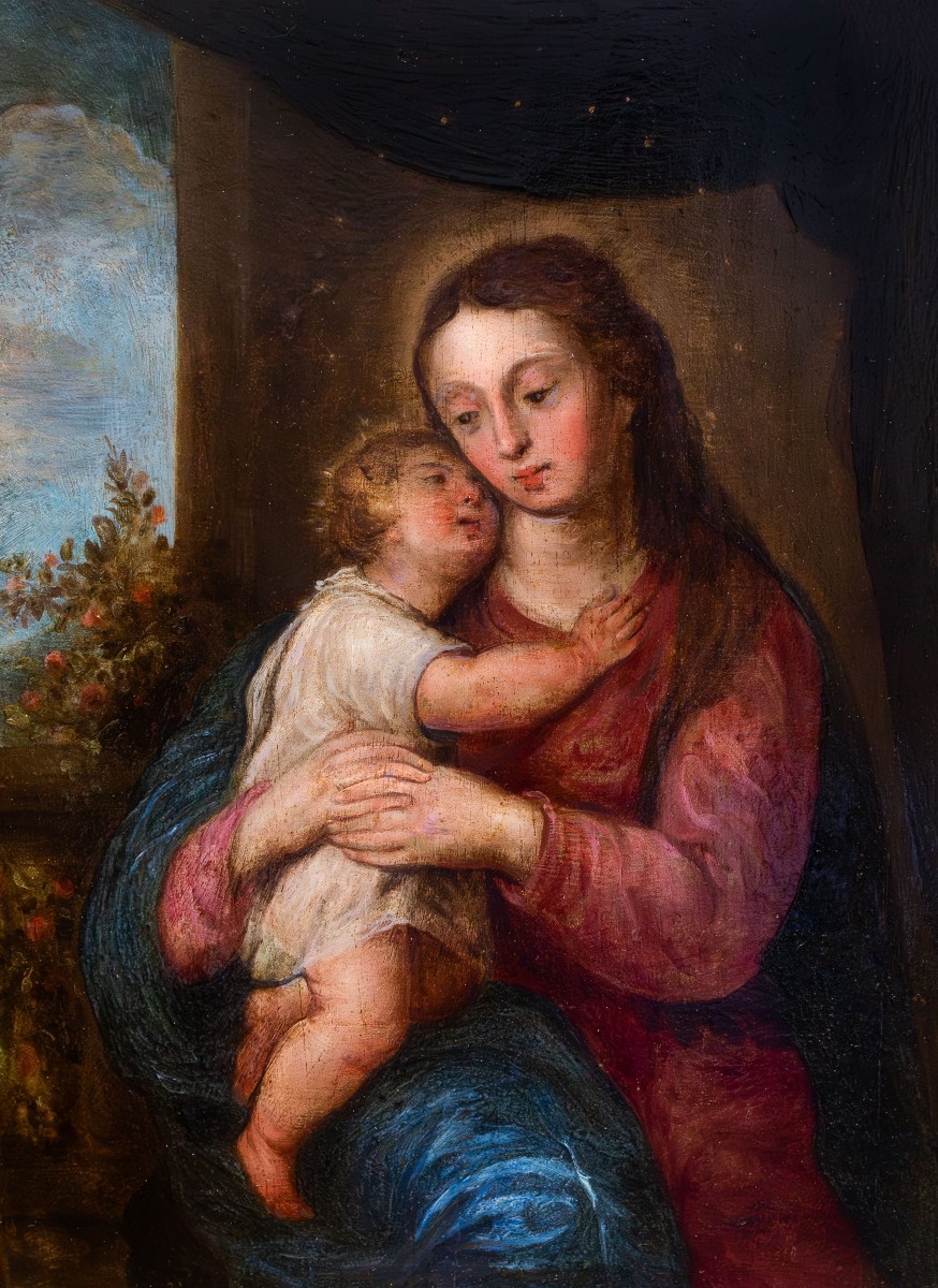 Madone et enfant, huile sur panneau, XVIIIe siècle
