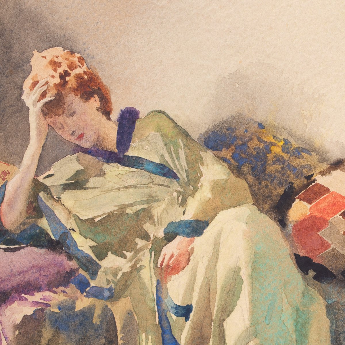 Aurelio Craffonara, « Méditation », aquarelle sur papier, XXe siècle-photo-6