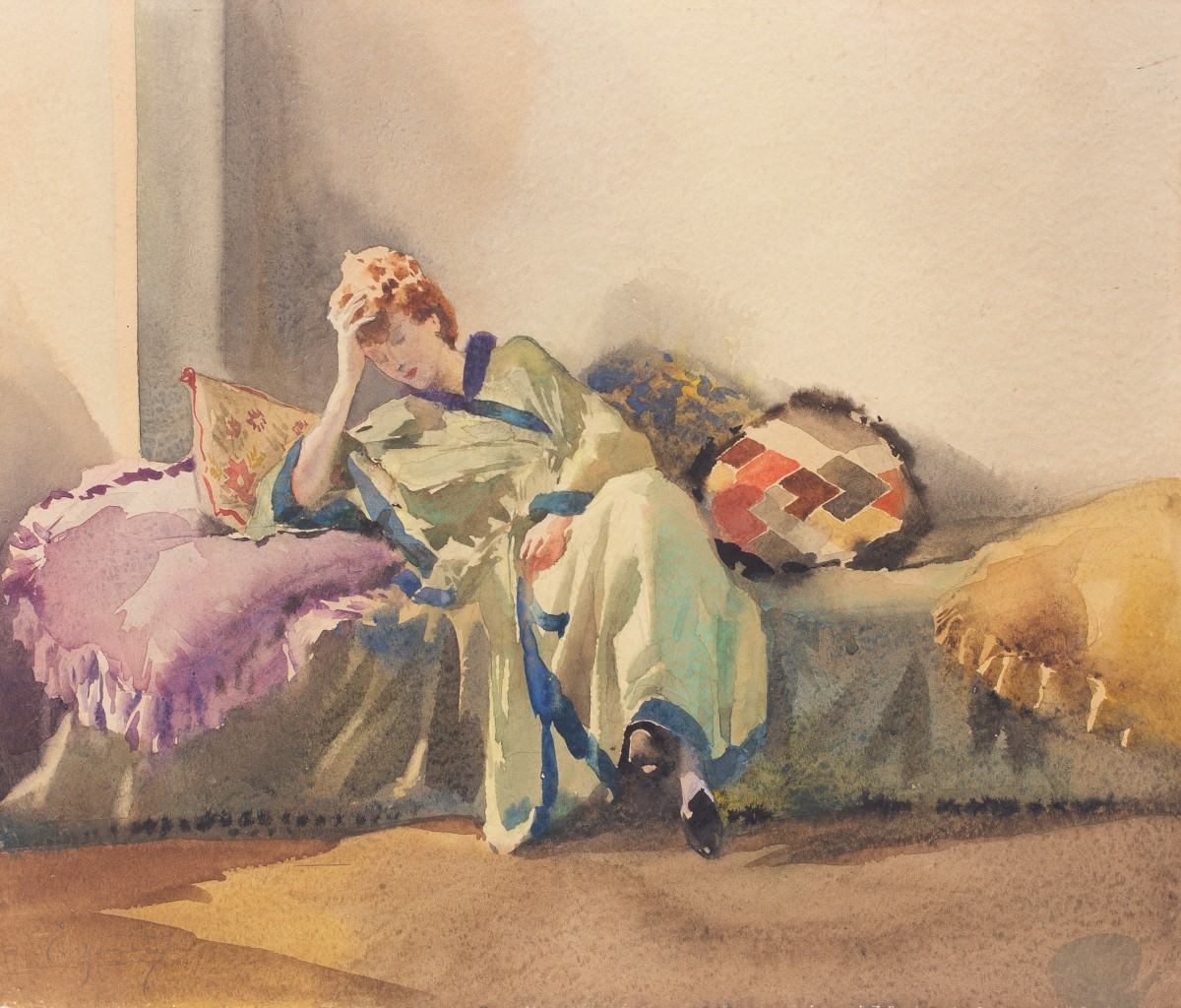 Aurelio Craffonara, « Méditation », aquarelle sur papier, XXe siècle