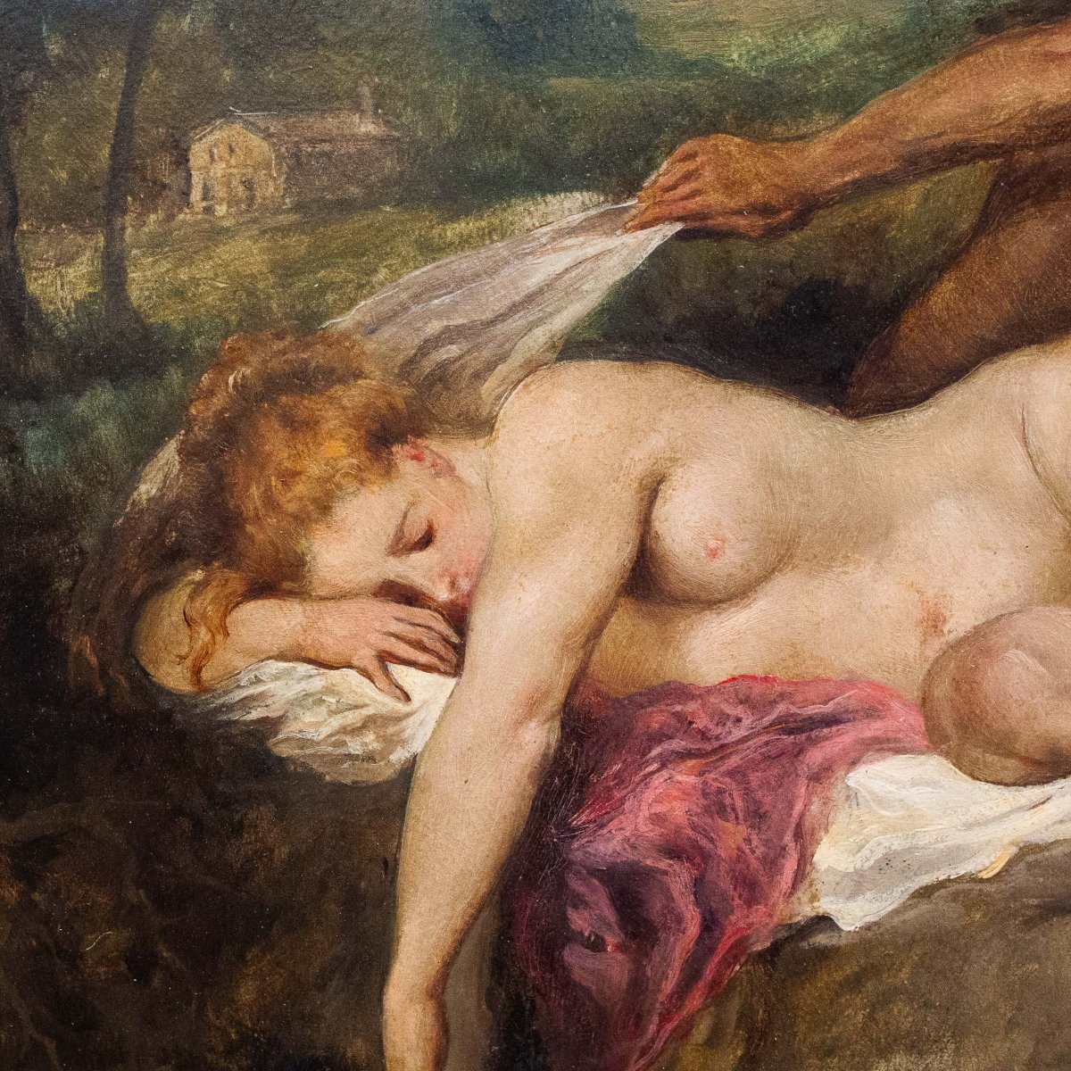 Francesco Bosso, “jupiter And Antiope,” Oil On Stiff Paper, Signed, 1925-photo-3