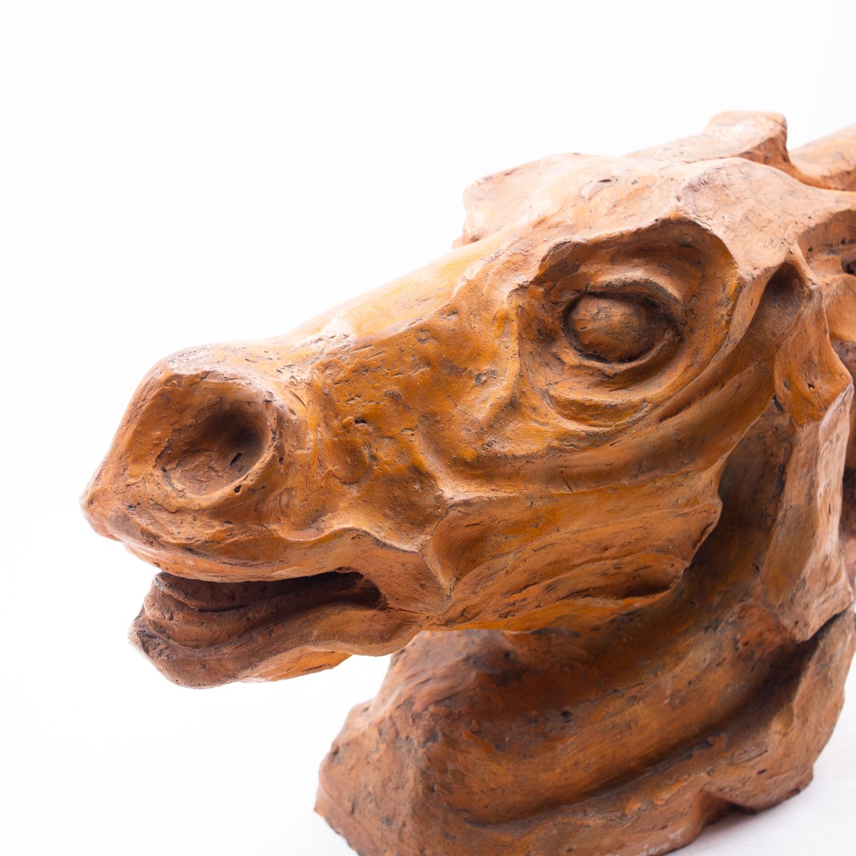 Sculpture, Tête de cheval en terre cuite, signée, époque XXe siècle-photo-2