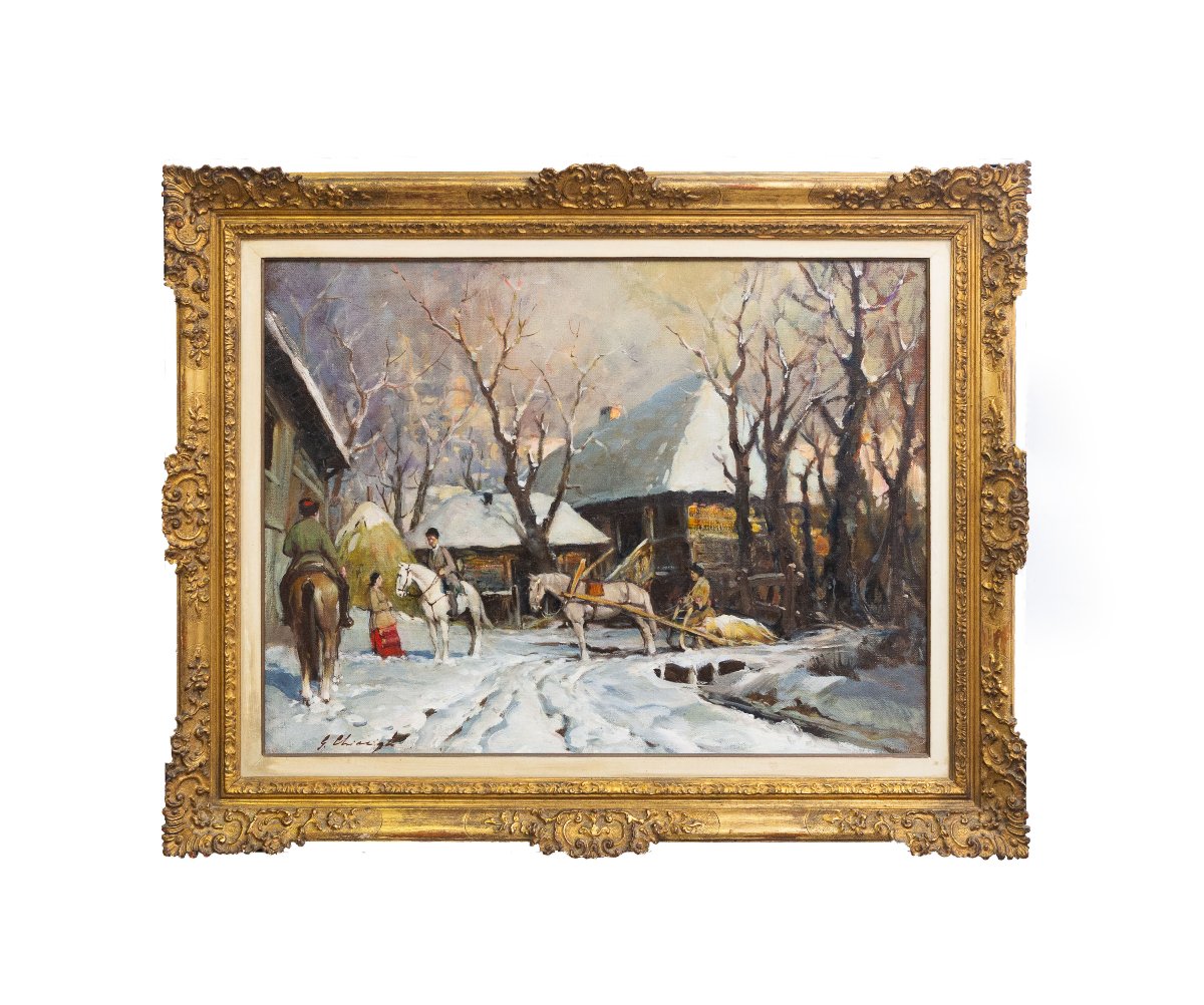 Chiacigh, « Paysage russe avec personnages et chevaux », huile sur toile, signée, milieu du XXe-photo-2