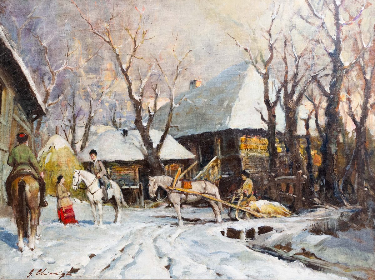 Chiacigh, « Paysage russe avec personnages et chevaux », huile sur toile, signée, milieu du XXe-photo-2