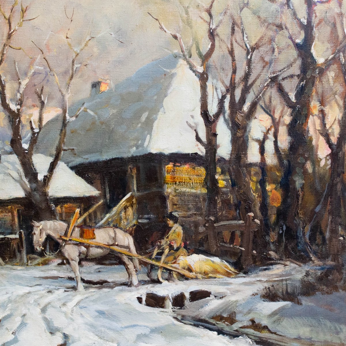 Chiacigh, « Paysage russe avec personnages et chevaux », huile sur toile, signée, milieu du XXe-photo-4