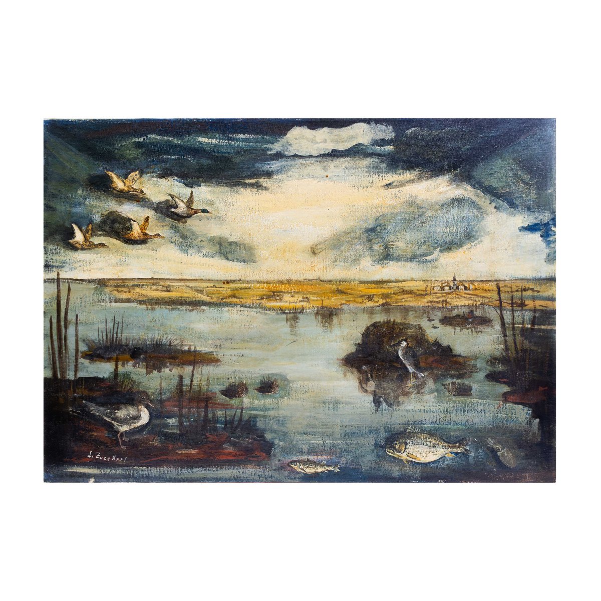 Luigi Zuccheri, « Laguna al crepuscolo » (Lagune au crépuscule), huile sur toile, XXe siècle-photo-2