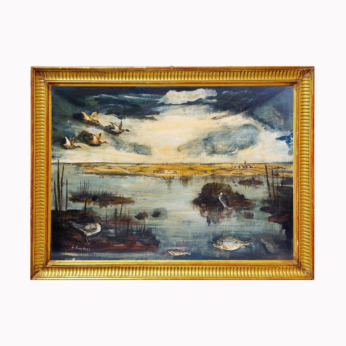 Luigi Zuccheri, « Laguna al crepuscolo » (Lagune au crépuscule), huile sur toile, XXe siècle-photo-2