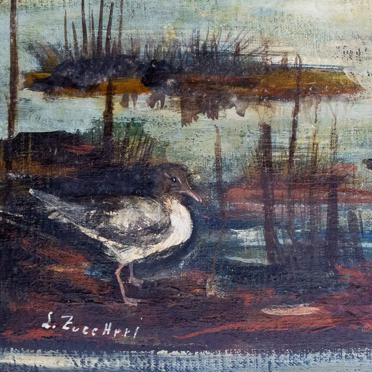 Luigi Zuccheri, « Laguna al crepuscolo » (Lagune au crépuscule), huile sur toile, XXe siècle-photo-2