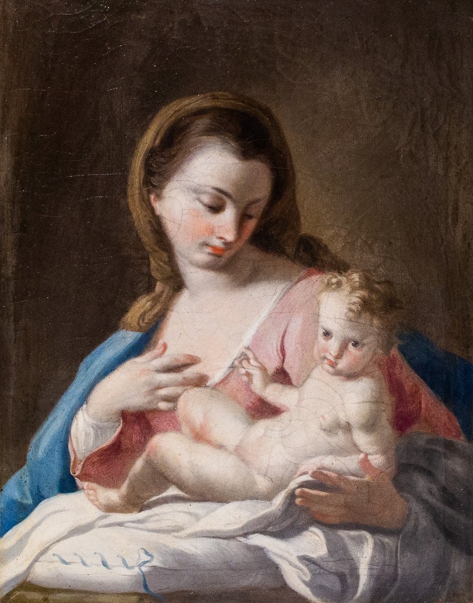 Francesco De Mura, “madonna With Child,” Oil On Canvas, 18th Century-photo-2