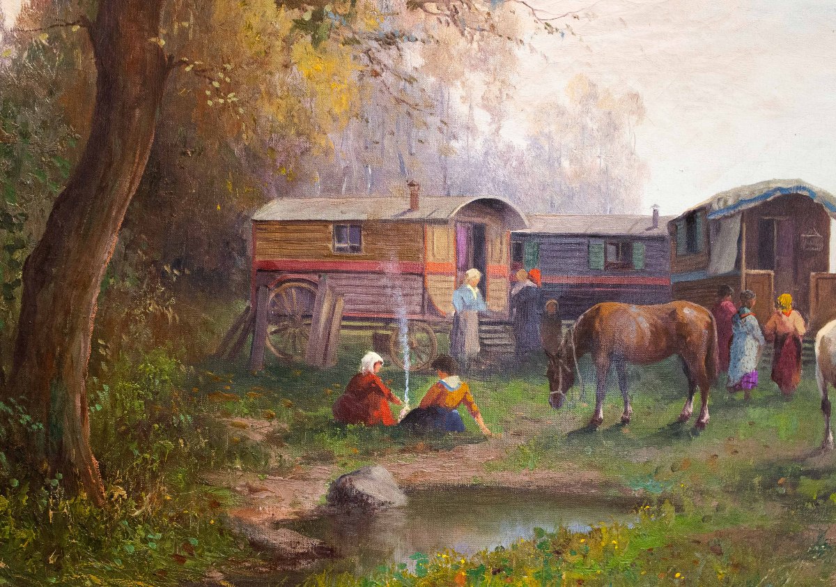 Leonardo Roda, « Nomadi », huile sur toile, signée, début du XXe siècle -photo-1