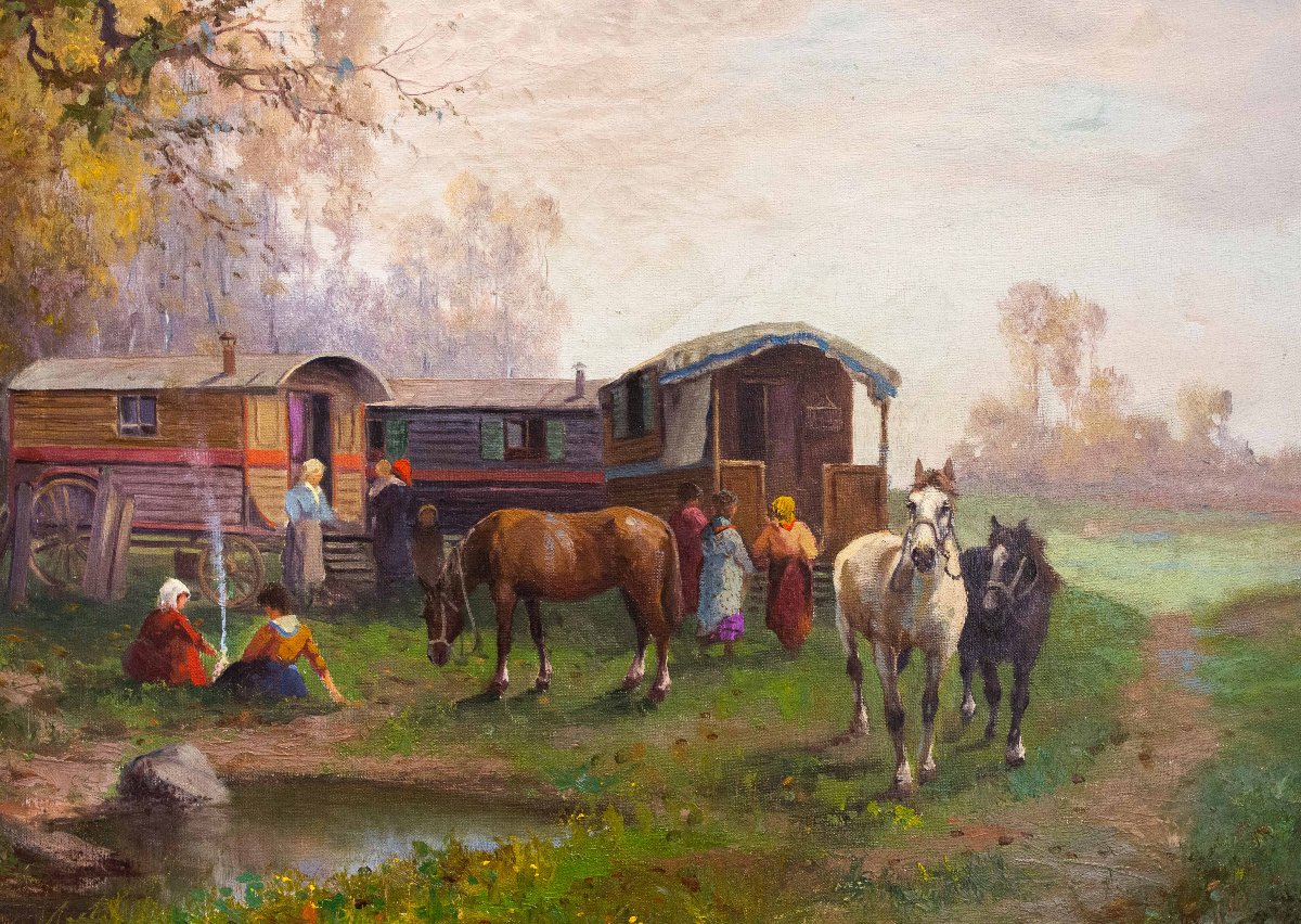 Leonardo Roda, « Nomadi », huile sur toile, signée, début du XXe siècle -photo-4