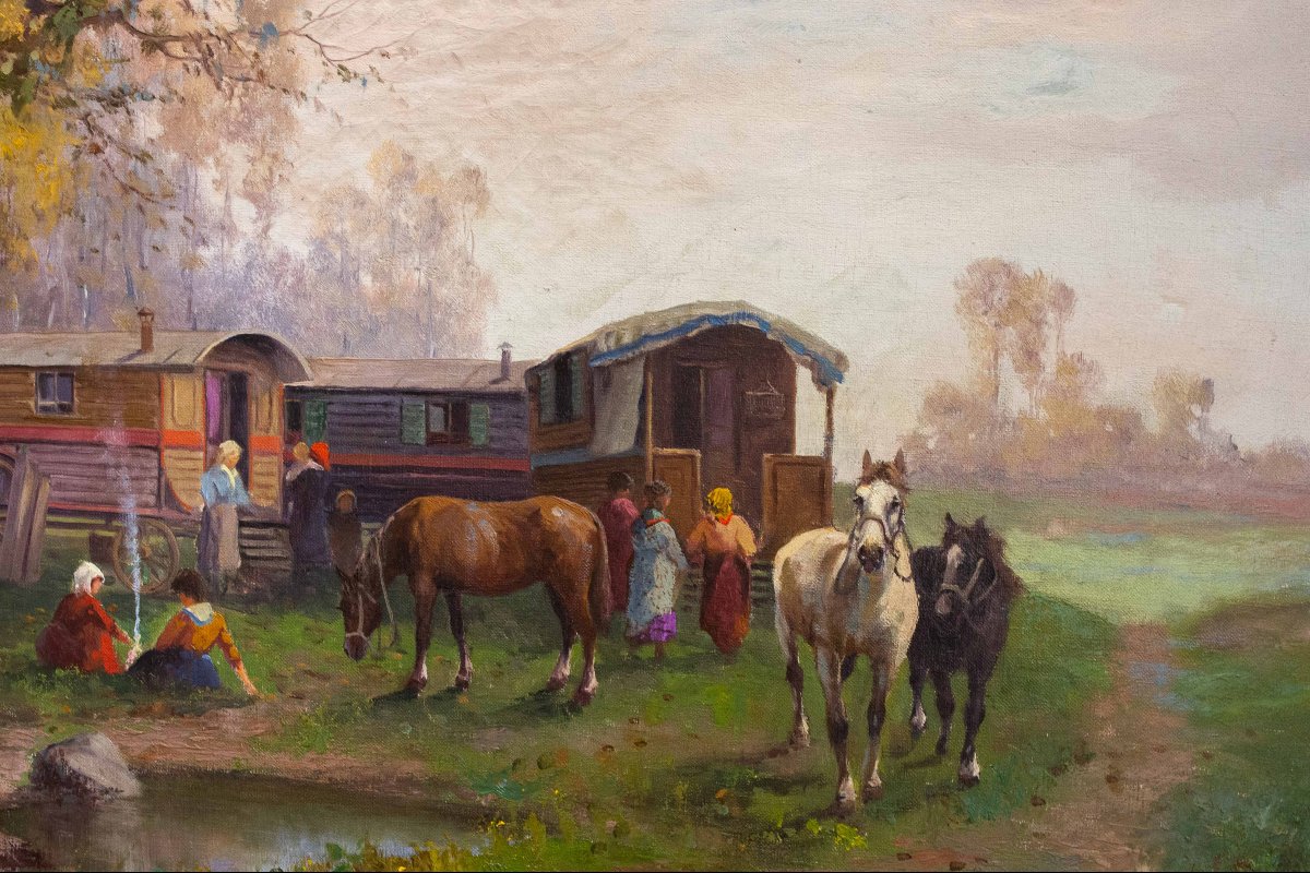 Leonardo Roda, « Nomadi », huile sur toile, signée, début du XXe siècle -photo-6