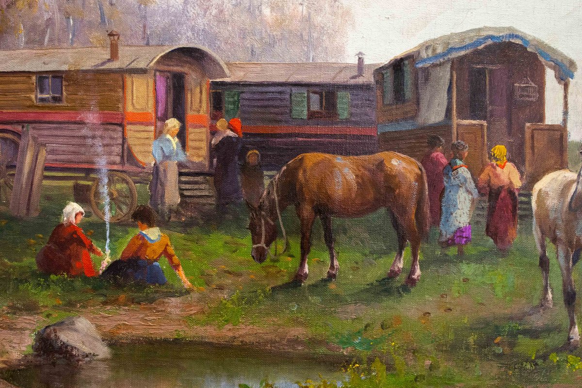 Leonardo Roda, « Nomadi », huile sur toile, signée, début du XXe siècle -photo-8