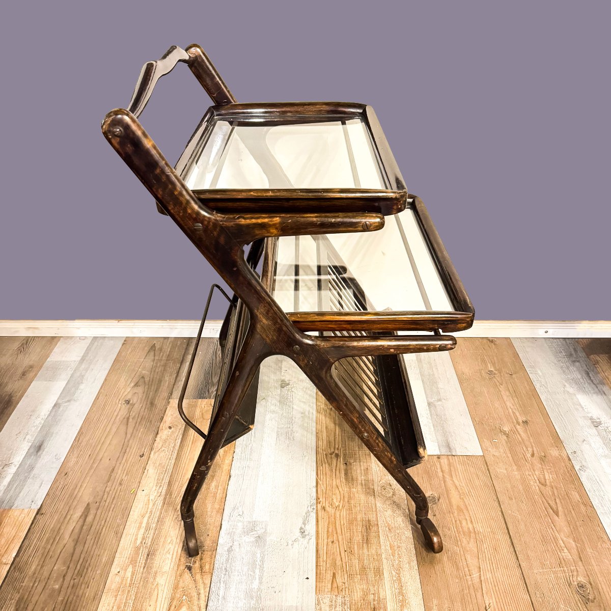 Ico Parisi, chariot en bois, laiton et verre, années 50-photo-2