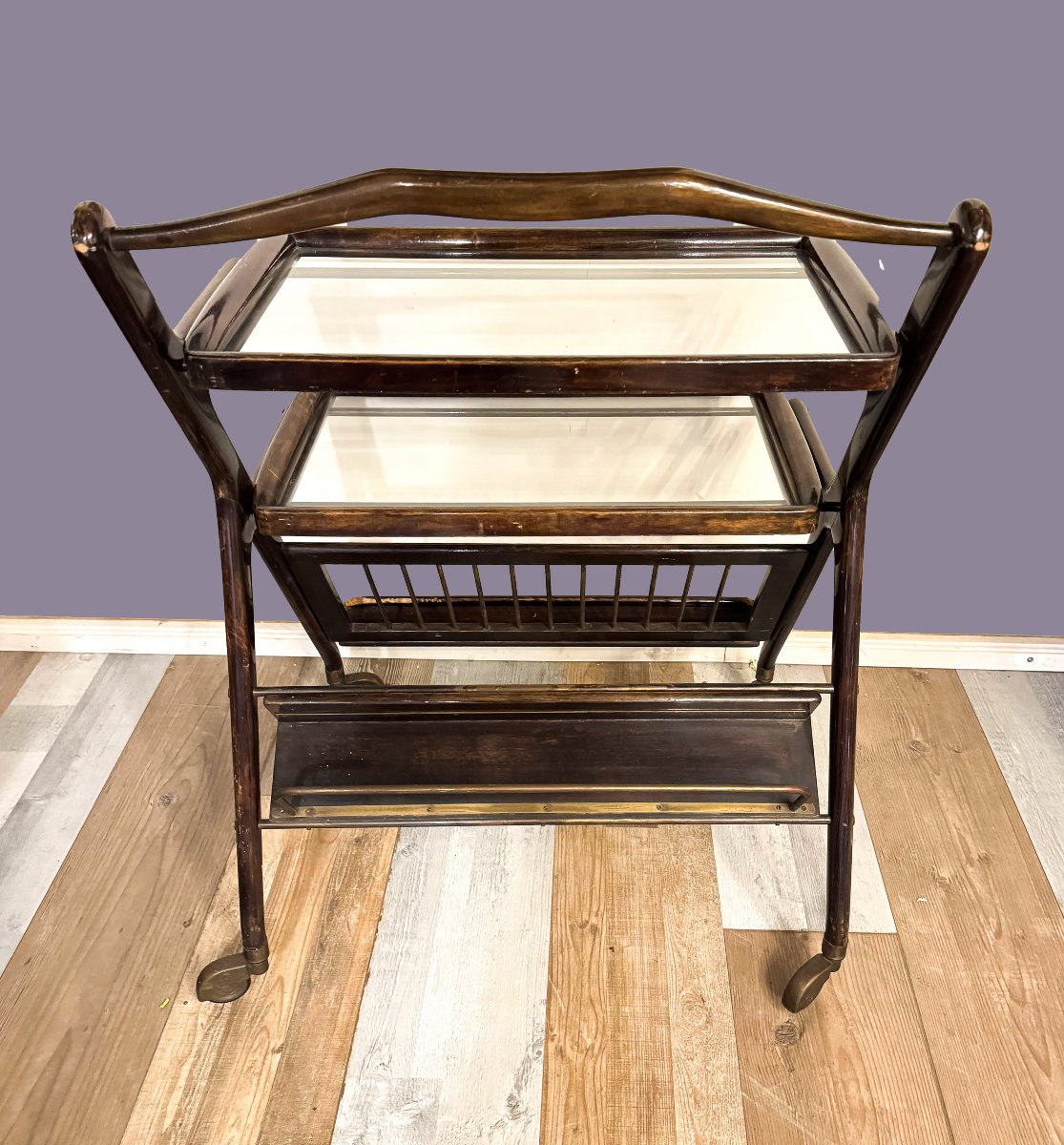 Ico Parisi, chariot en bois, laiton et verre, années 50-photo-3