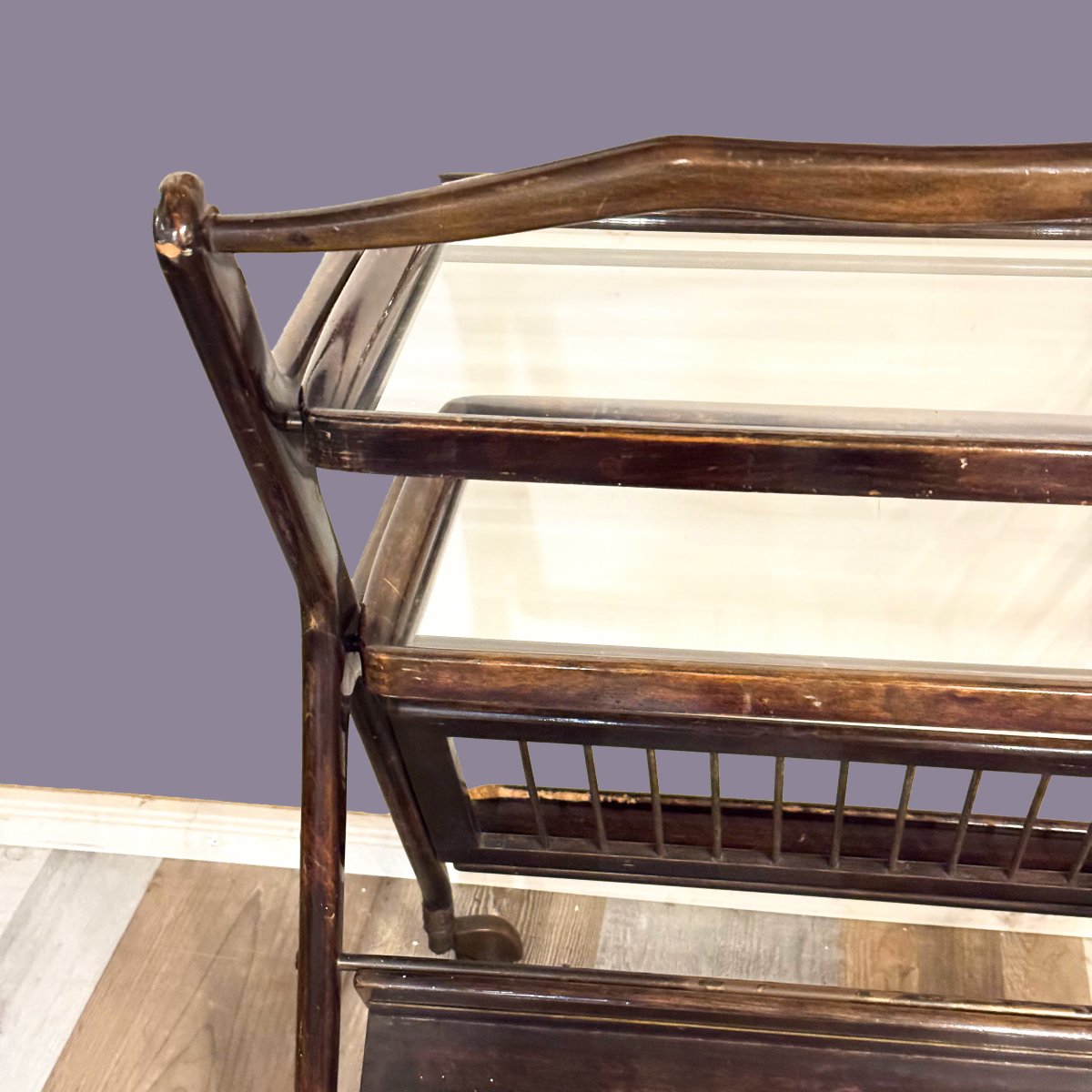 Ico Parisi, chariot en bois, laiton et verre, années 50-photo-3