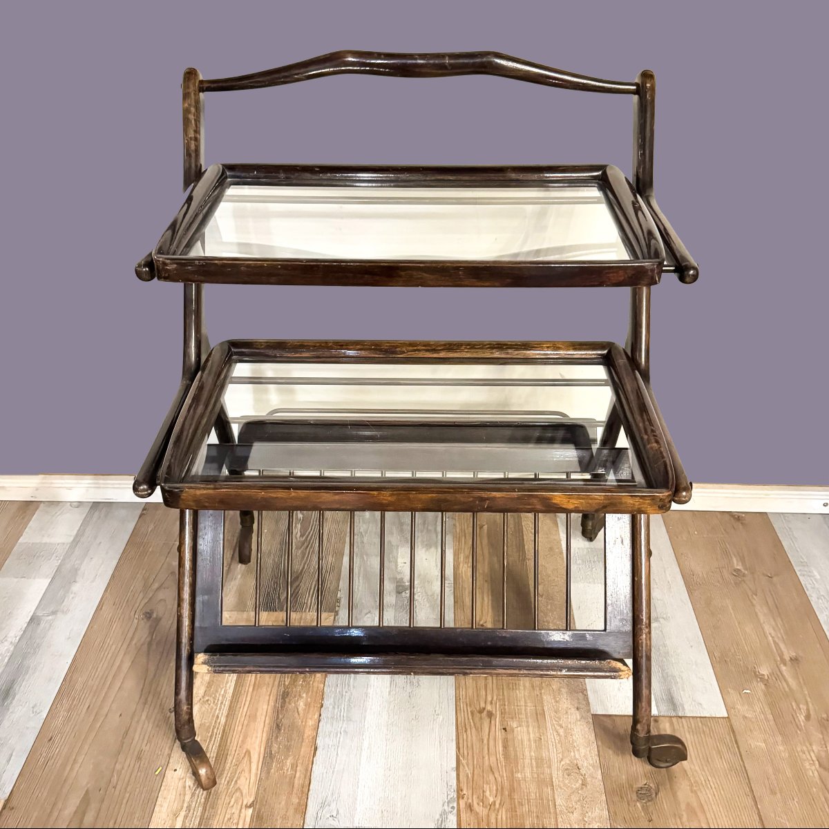 Ico Parisi, chariot en bois, laiton et verre, années 50-photo-6