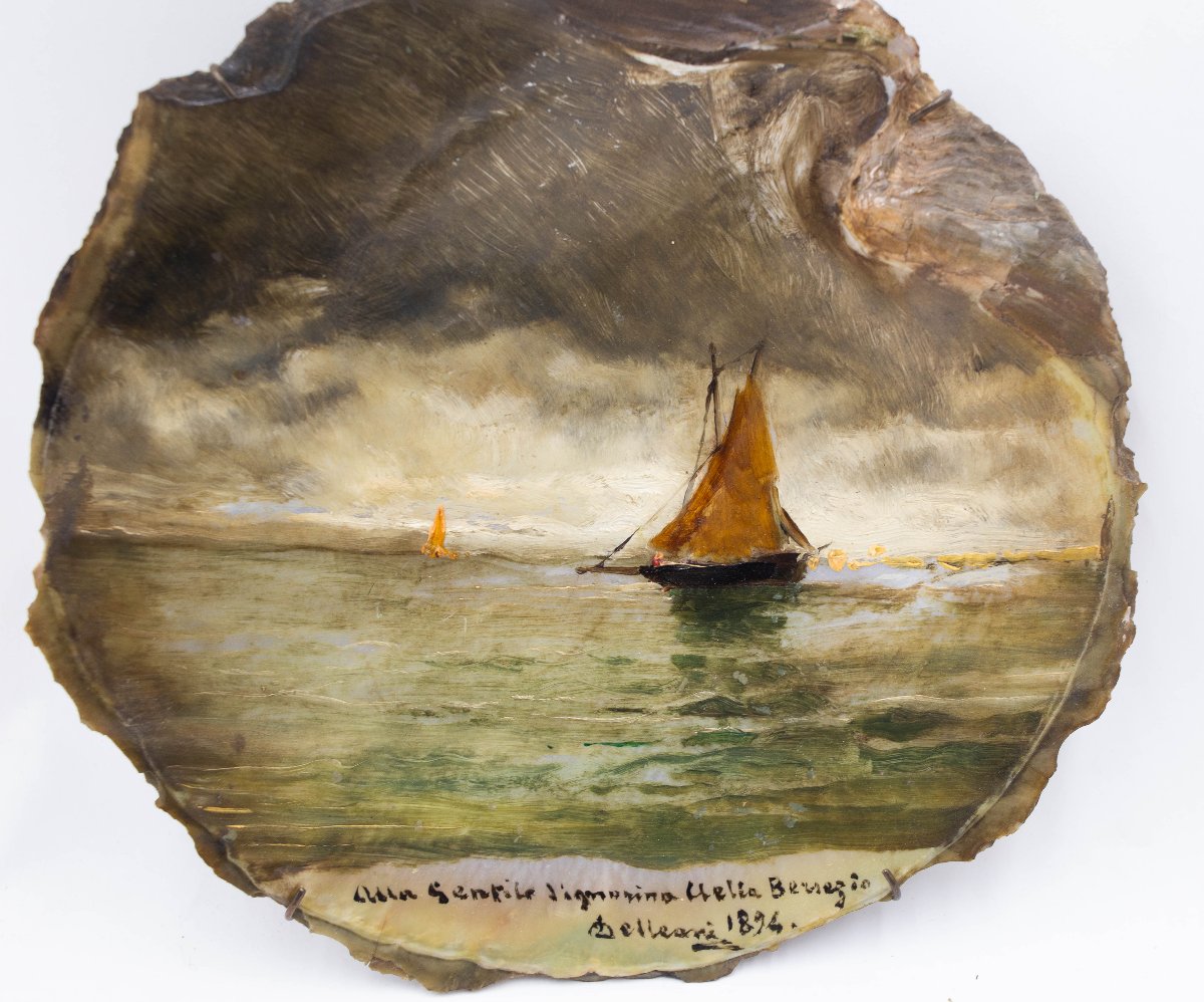 Coquillage peint par Lorenzo Delleani, signé – 1894  -photo-2