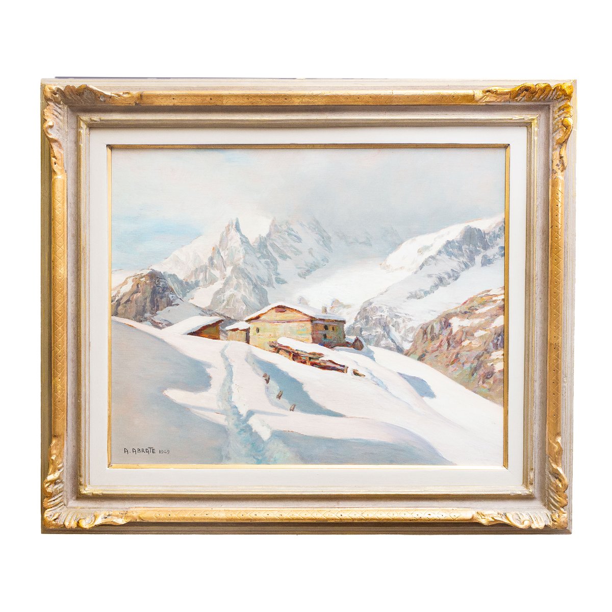 Angelo Abrate, “winter Scene In La Suche -courmayeur”, Oil On Panel, Signed, 1949-photo-4