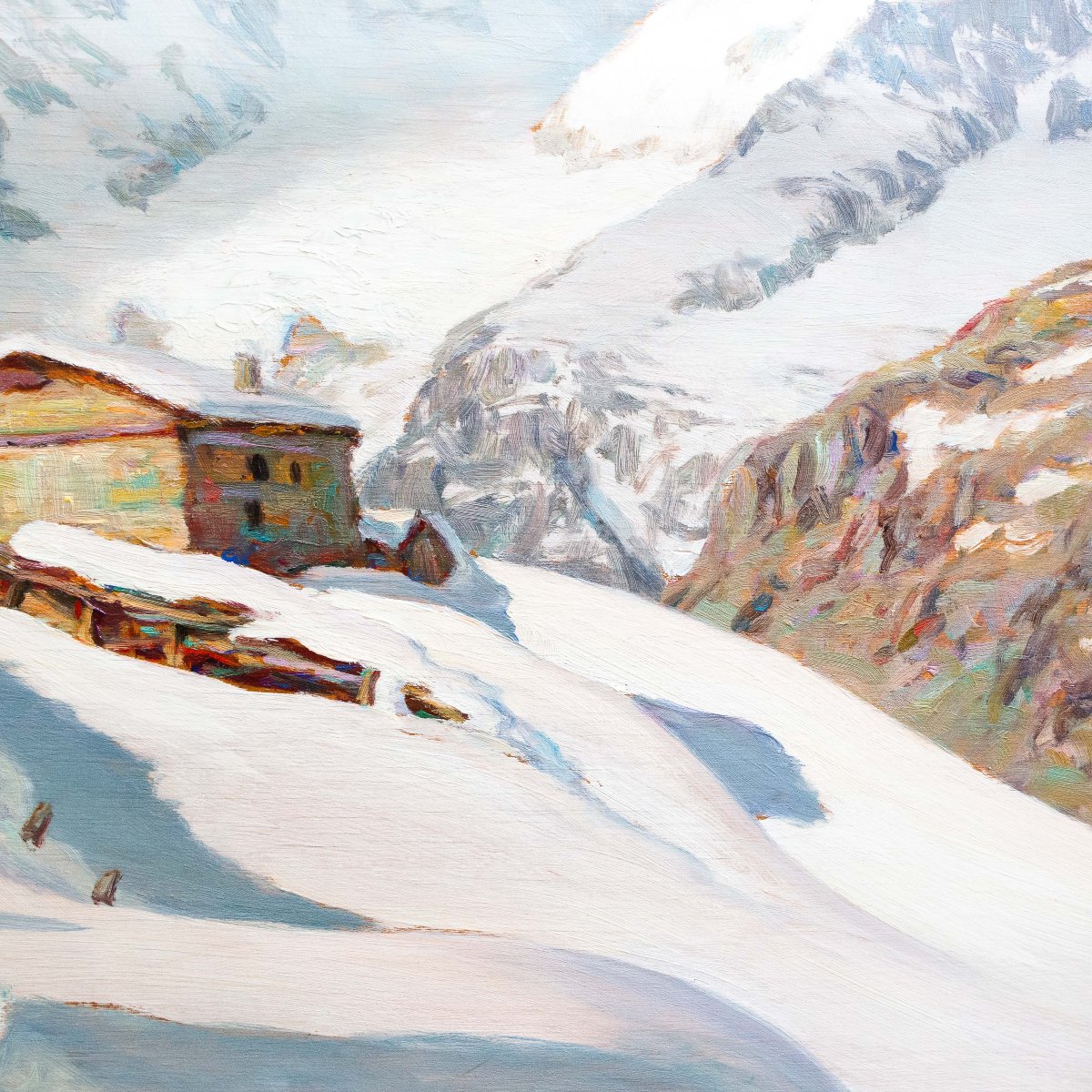 Angelo Abrate, “winter Scene In La Suche -courmayeur”, Oil On Panel, Signed, 1949-photo-6