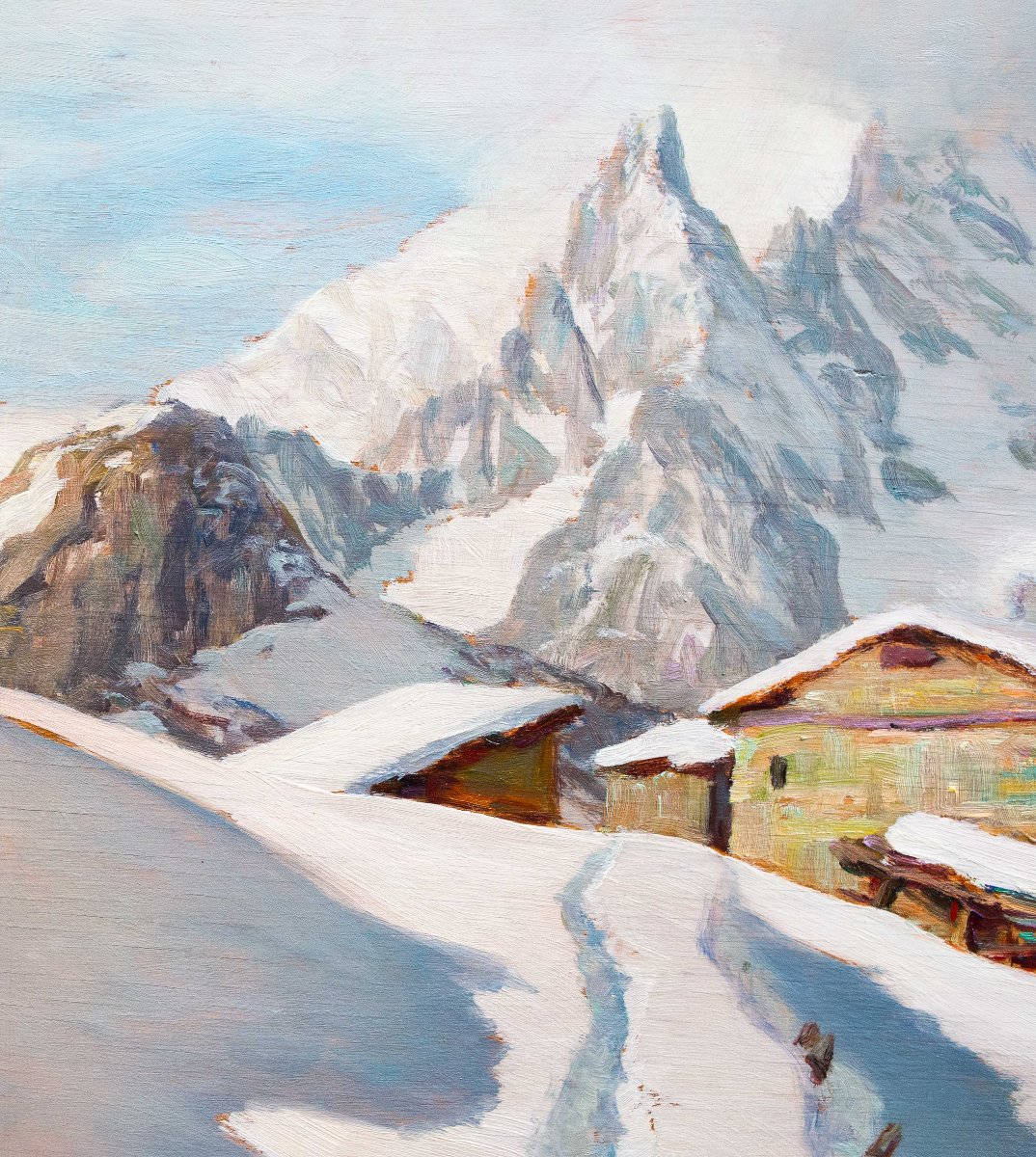 Angelo Abrate, “winter Scene In La Suche -courmayeur”, Oil On Panel, Signed, 1949-photo-7