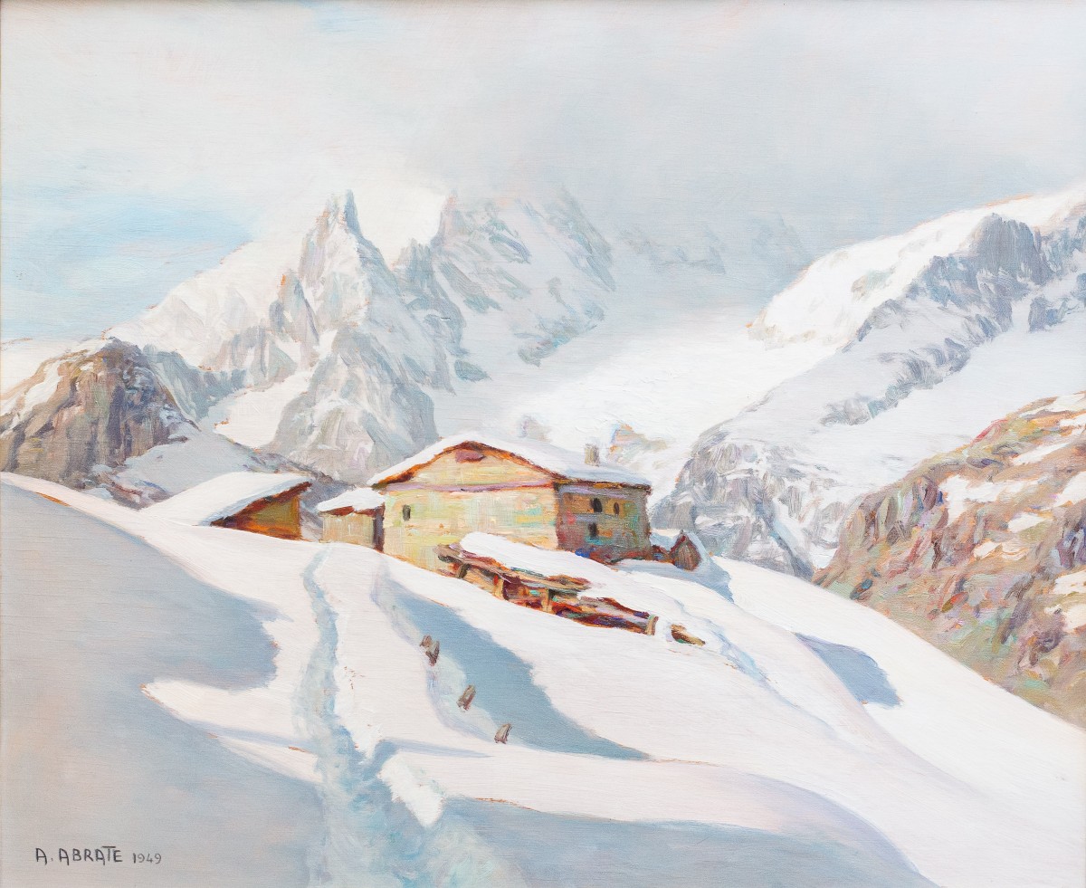 Angelo Abrate, “winter Scene In La Suche -courmayeur”, Oil On Panel, Signed, 1949