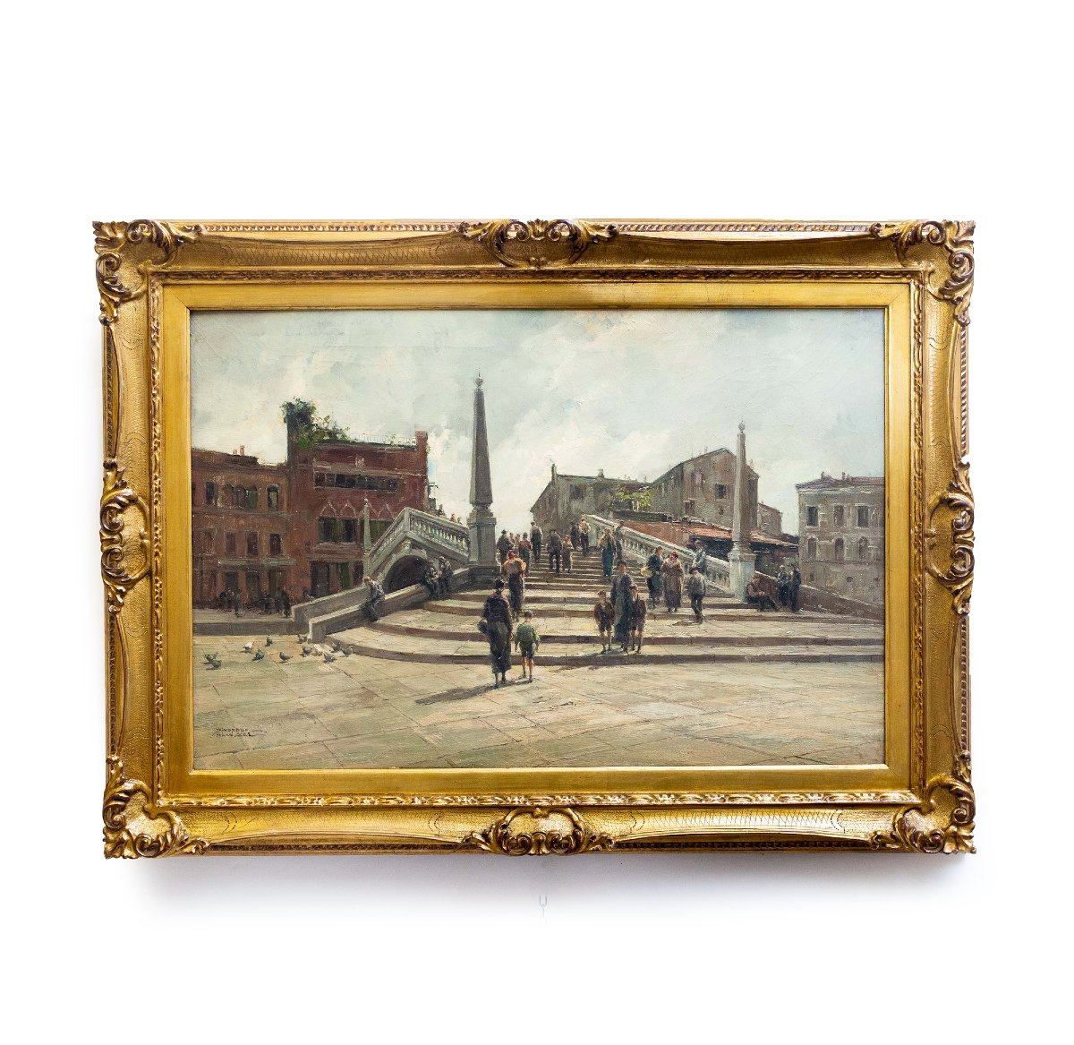 Giuseppe Gheduzzi, « Journée grise à Venise », huile sur toile, signée, début du XXe siècle-photo-3