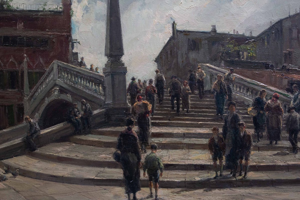 Giuseppe Gheduzzi, « Journée grise à Venise », huile sur toile, signée, début du XXe siècle-photo-7