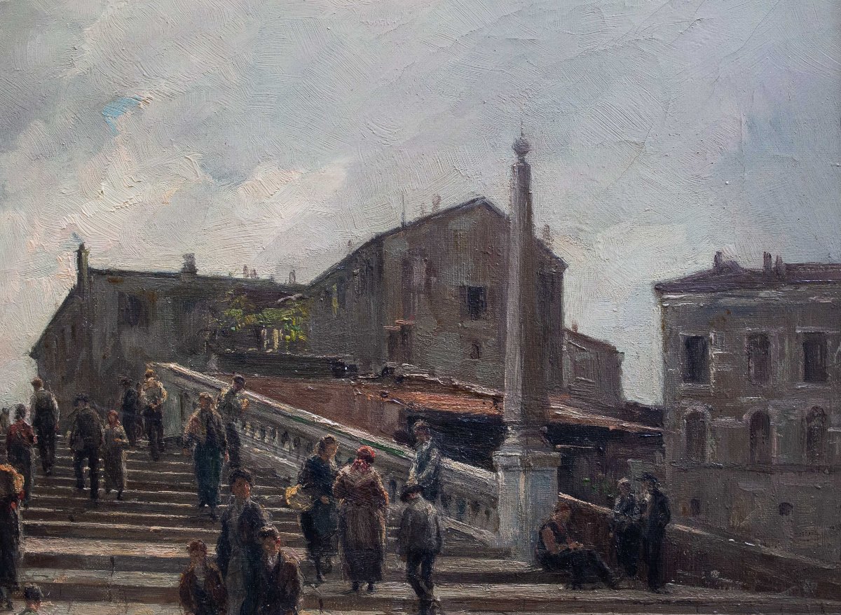 Giuseppe Gheduzzi, « Journée grise à Venise », huile sur toile, signée, début du XXe siècle-photo-8