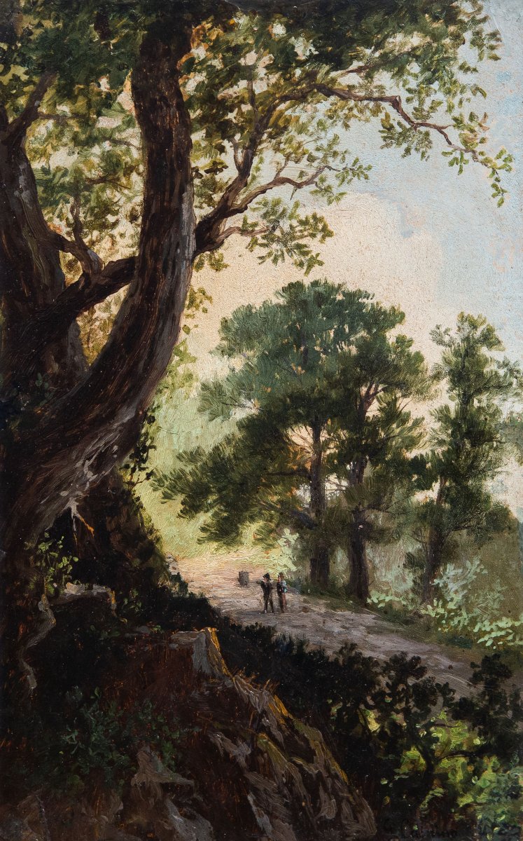 Giuseppe Camino, Oil On Paper, “landscape With Figures,” Signed, 19th Century-photo-1