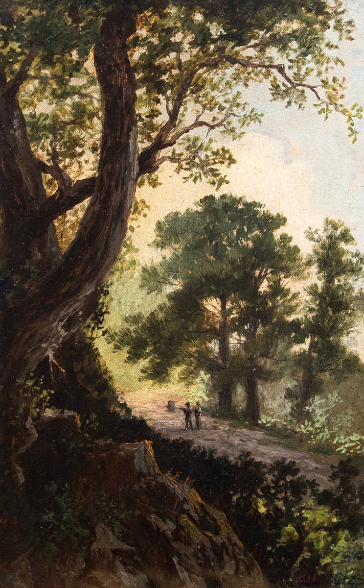 Giuseppe Camino, Oil On Paper, “landscape With Figures,” Signed, 19th Century