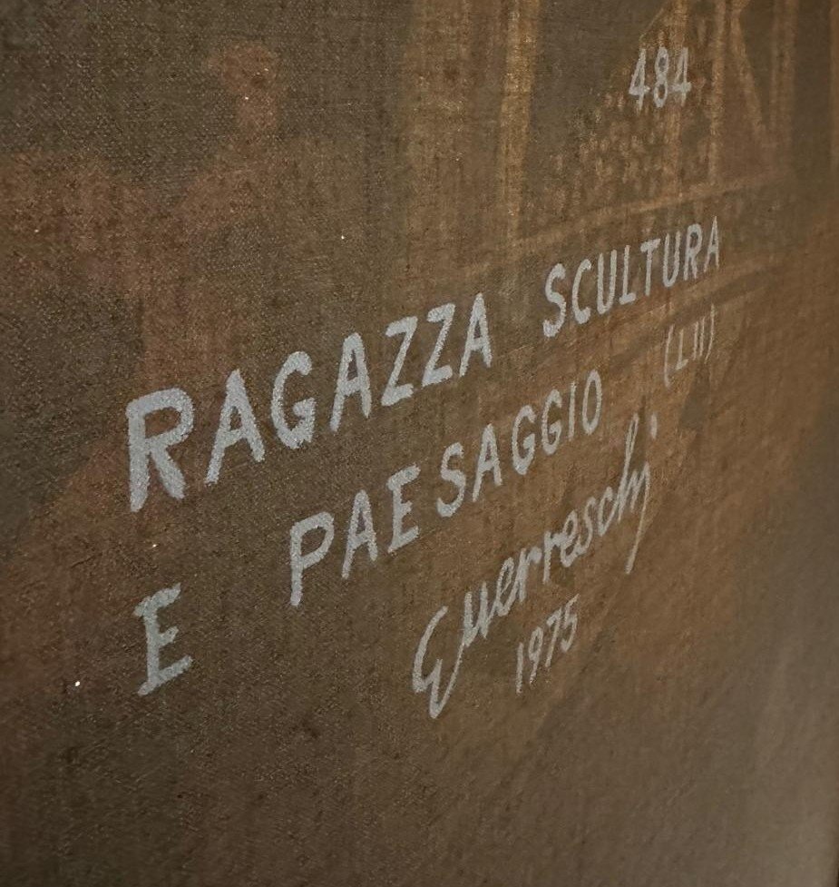 Giuseppe Guerreschi, « Jeune fille, sculpture et paysage », huile sur toile, 1975-photo-1