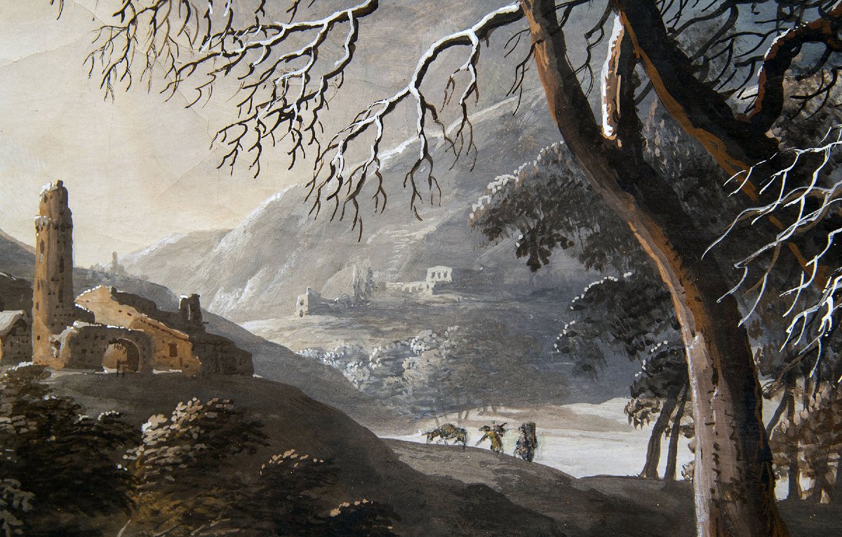 Luigi Deleidi, “landscape With Snow,” Oil On Canvas, 19th Century-photo-3