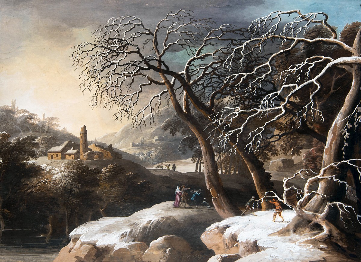 Luigi Deleidi, “landscape With Snow,” Oil On Canvas, 19th Century