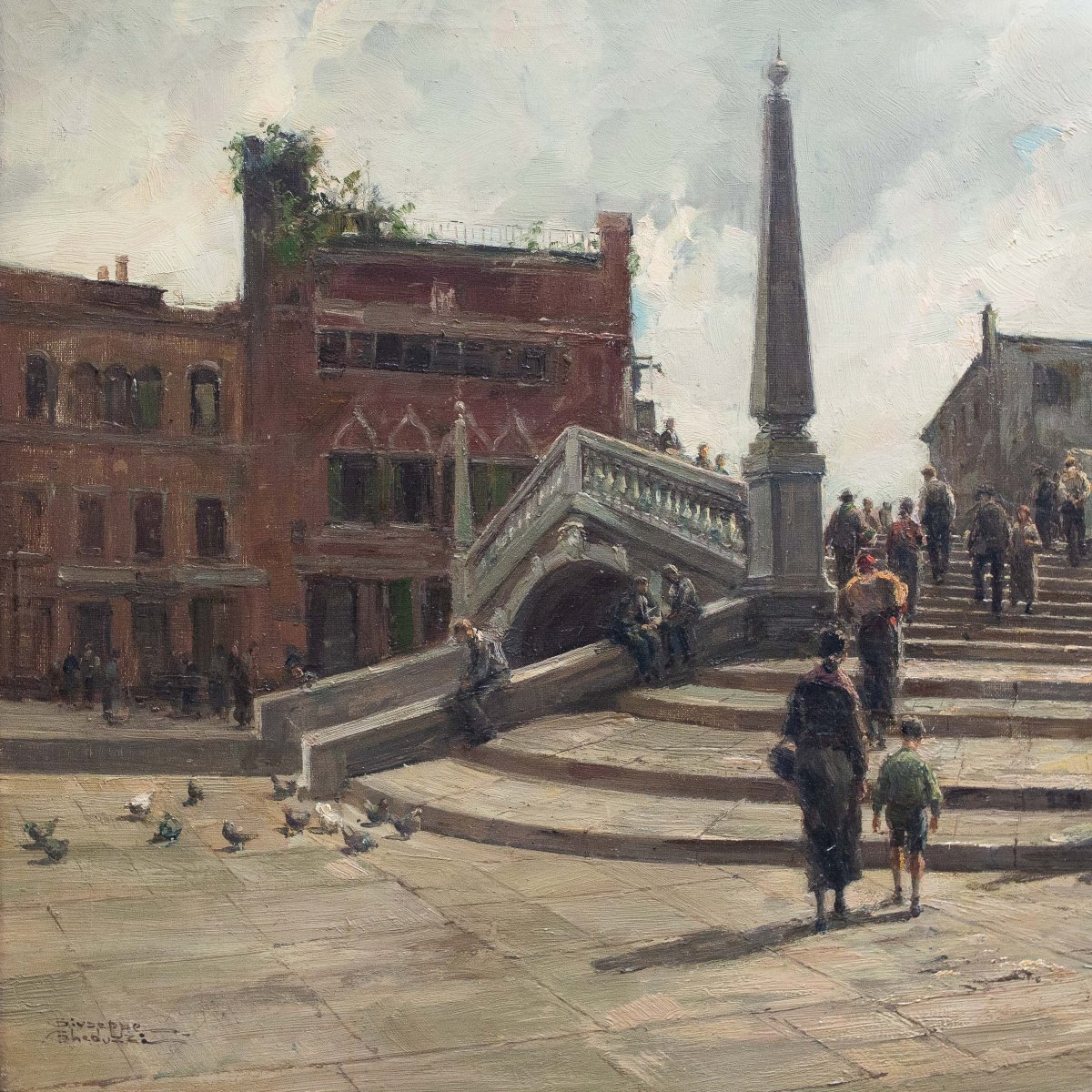 Giuseppe Gheduzzi, « Journée grise à Venise », huile sur toile, signée, début du XXe siècle-photo-6