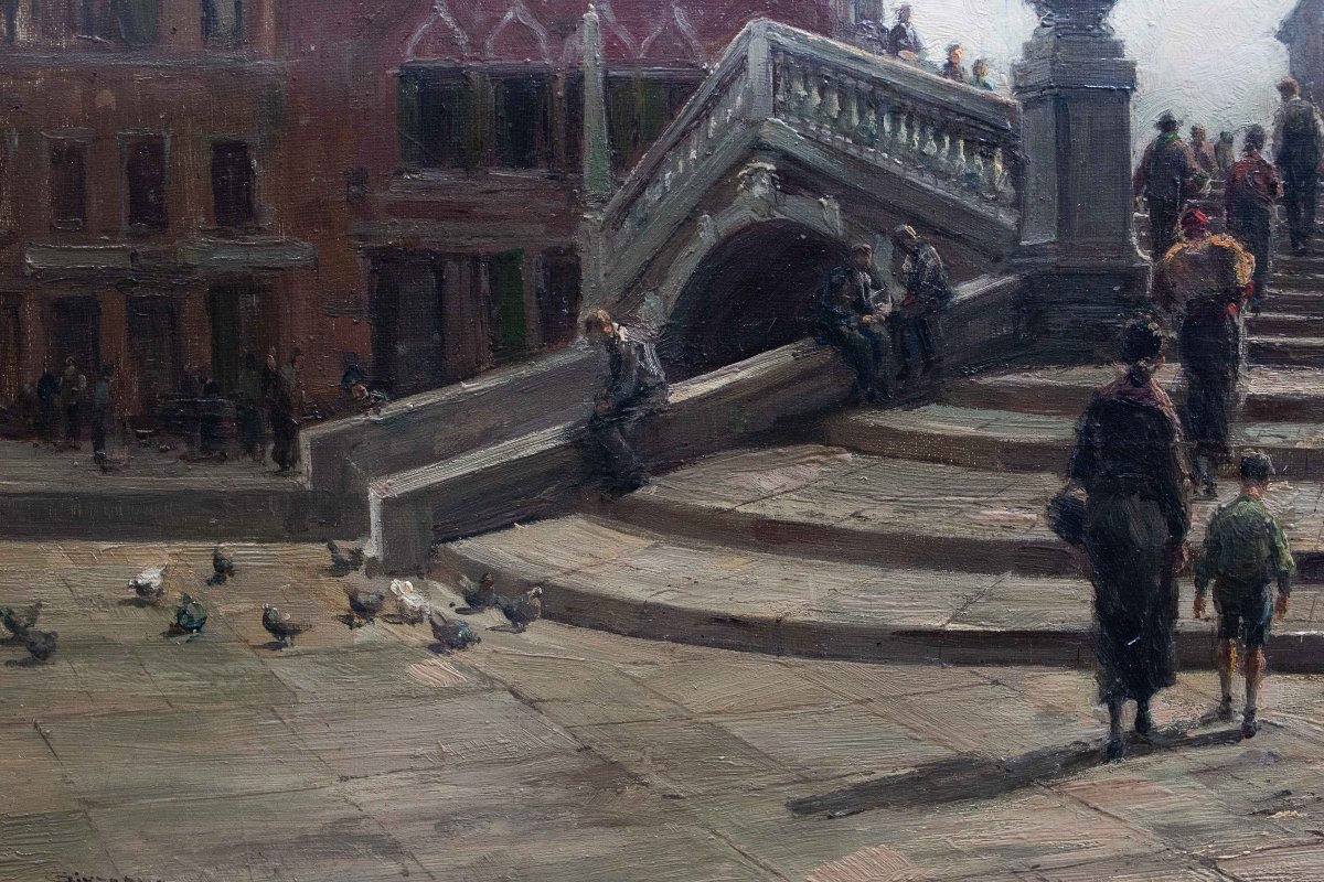 Giuseppe Gheduzzi, « Journée grise à Venise », huile sur toile, signée, début du XXe siècle-photo-8