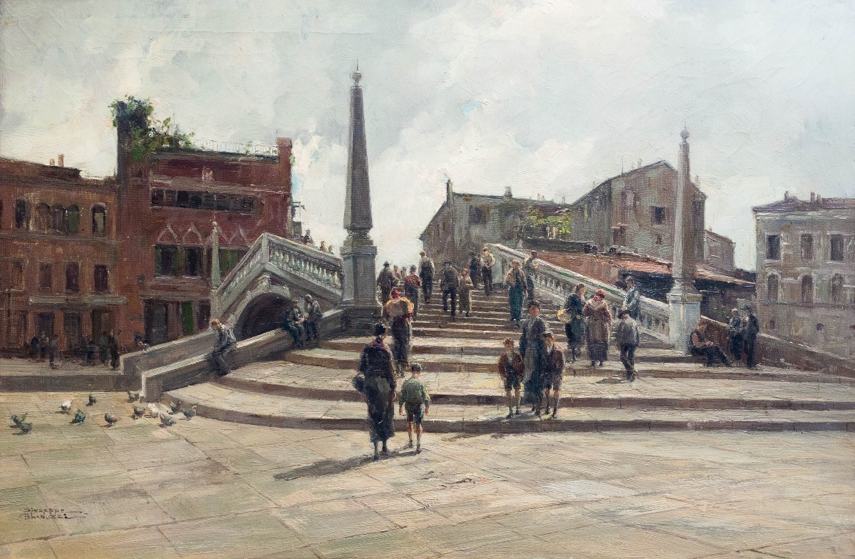 Giuseppe Gheduzzi, « Journée grise à Venise », huile sur toile, signée, début du XXe siècle