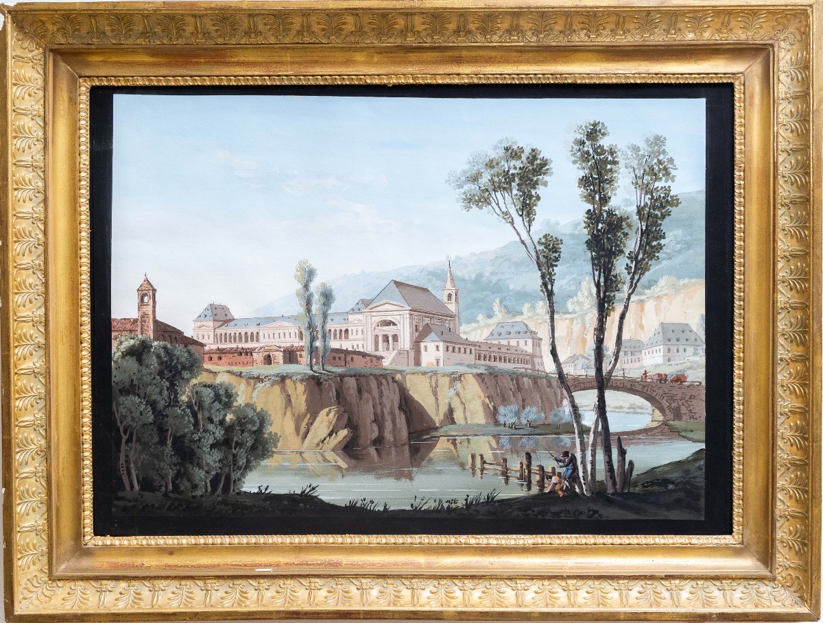 “river Views With Monumental Architecture,” Watercolor On Paper, 19th Century-photo-2