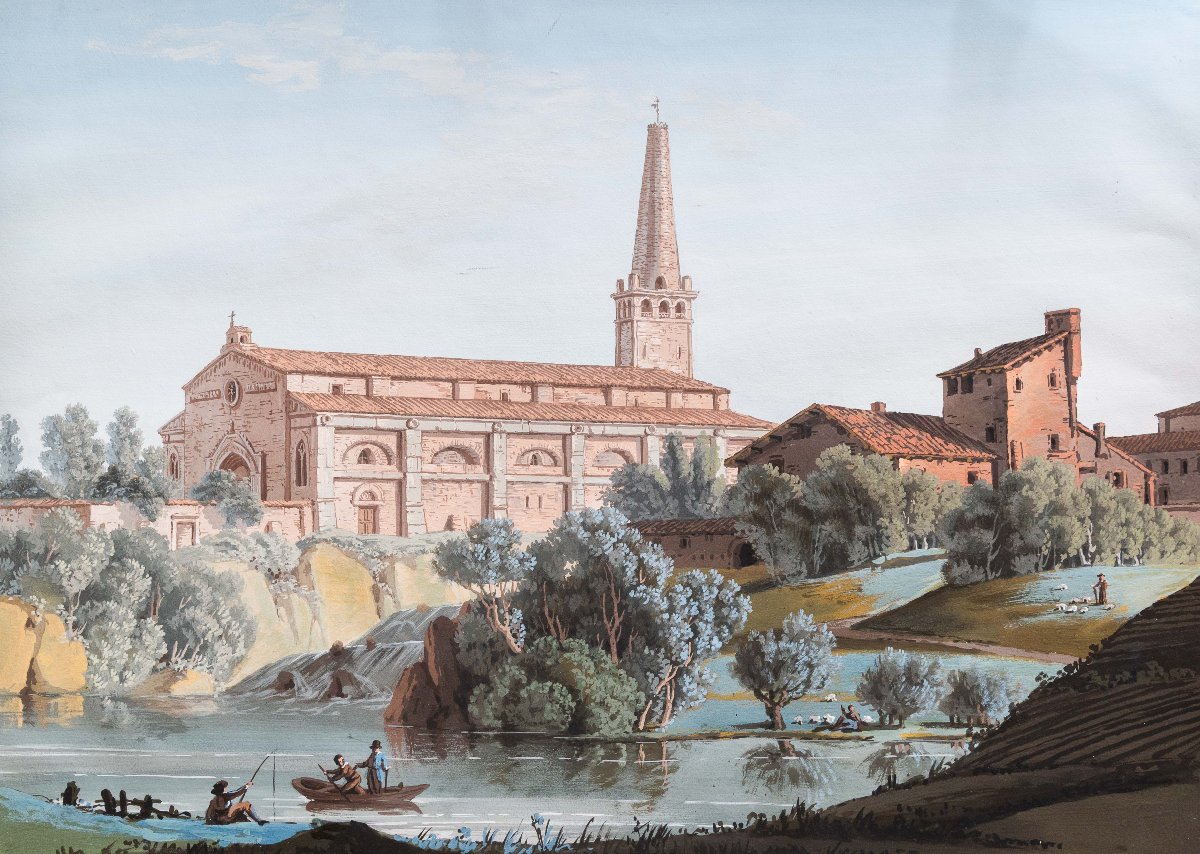 “river Views With Monumental Architecture,” Watercolor On Paper, 19th Century-photo-4