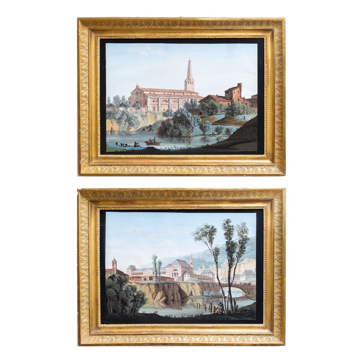 “river Views With Monumental Architecture,” Watercolor On Paper, 19th Century