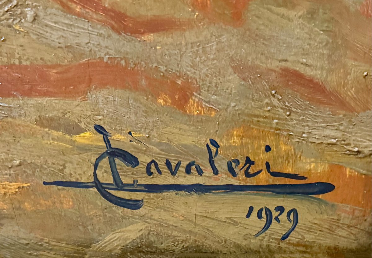 Ludovico Cavaleri, “setting Sun In The Port Of Savona,” Signed, 1929-photo-3