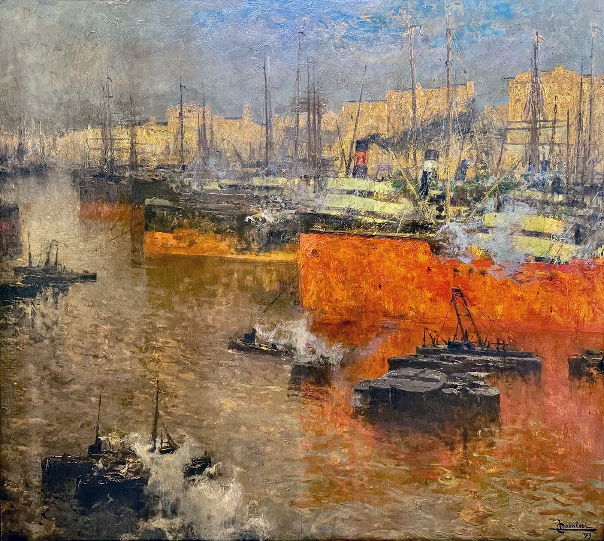 Ludovico Cavaleri, “setting Sun In The Port Of Savona,” Signed, 1929