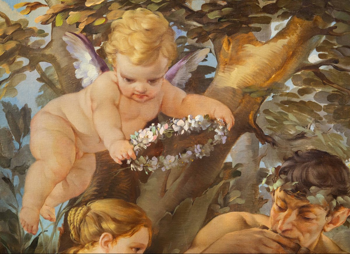 Pietro Girardi, Known As Posì, Resting Under The Oak Tree, Oil On Canvas, Signed, 20th Century-photo-1